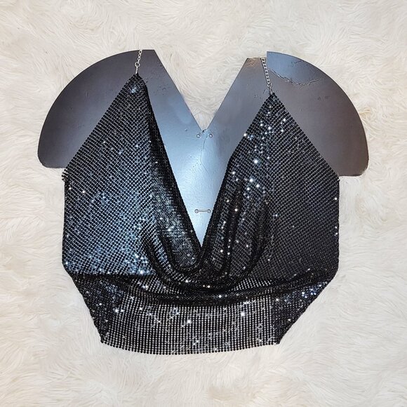 ✨🎉Black Metal Chain Sparkly Draped Jeweled Party Going out Cropped Top🎉✨ - Picture 2 of 8
